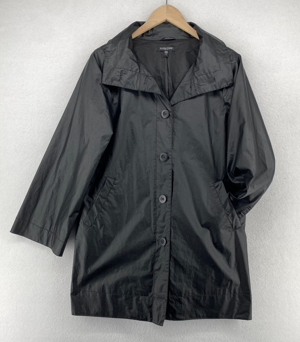 EILEEN FISHER Jacket PS Coated Cotton Ran Trench Coat Duster Button Up Black